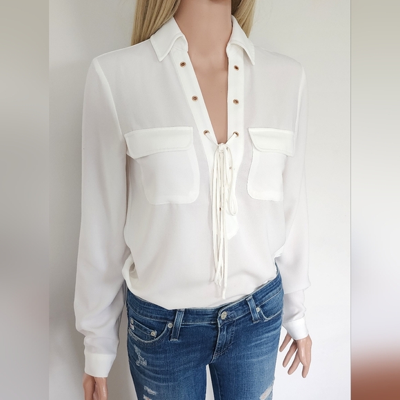 WHITE SHIRT LA MAHINA TIE LONG SLEEVE BLOUSE SHIRT XS - Picture 2 of 12